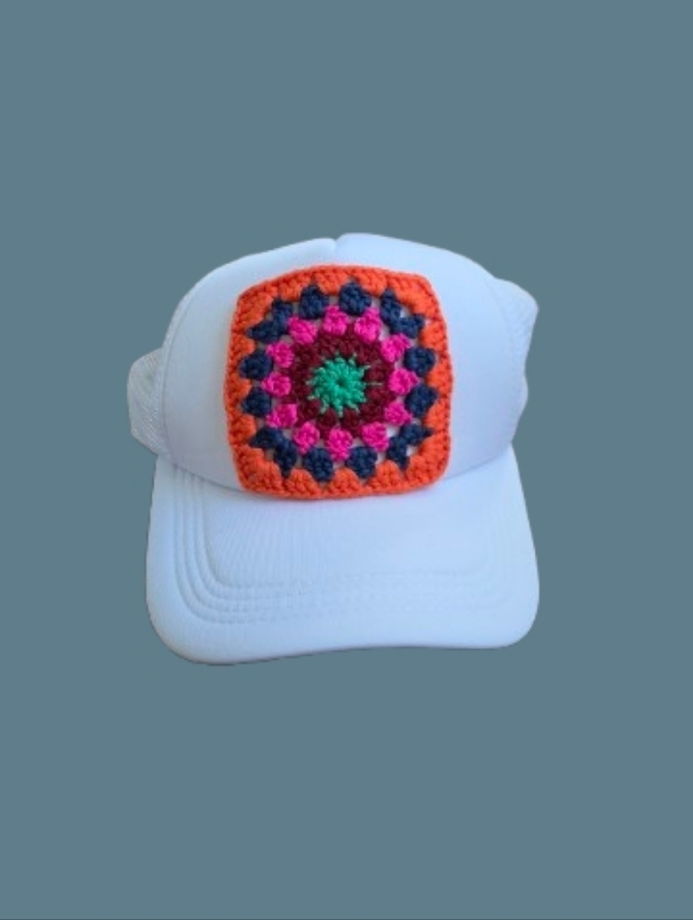 White Trucker Hat with Colorful Crochet Patch